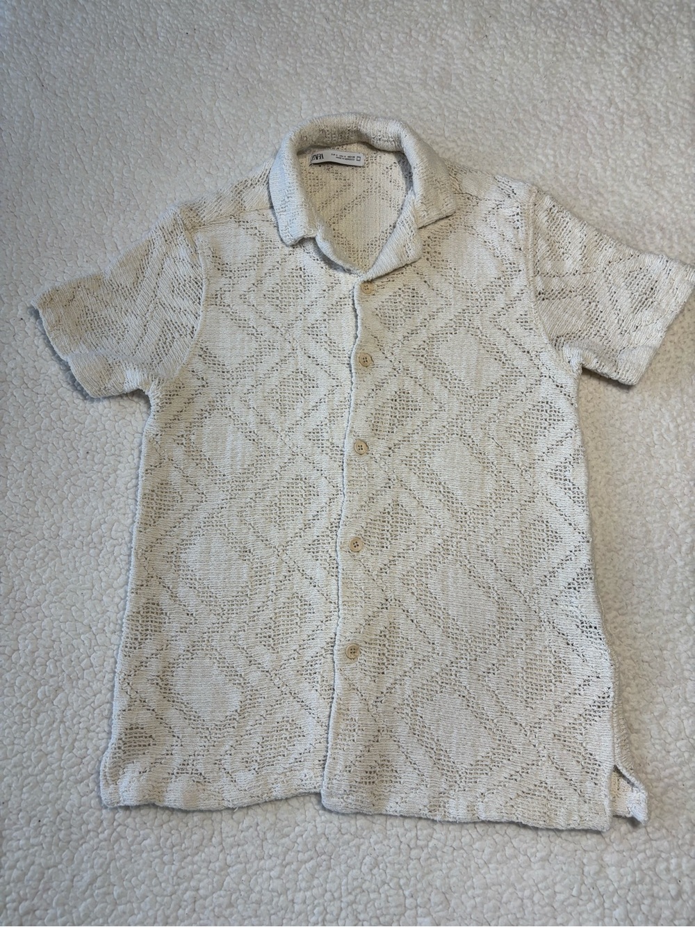 Zara Man Cream Geometric Crochet Knit Shirt Camp Collar Button Up Size S Preppy